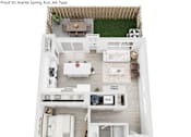 Thumbnail 17 of 20 - A top down view of a house layout with a kitchen, dining area, living room, and bathrooms.