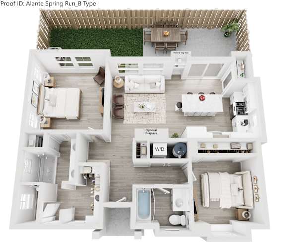 A top down view of a house layout with a kitchen, living room, dining room, and bathrooms.