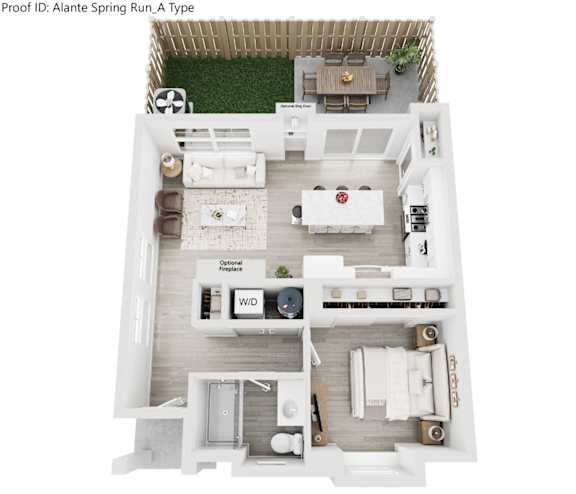 A top down view of a house layout with a kitchen, living room, dining room, and bathrooms.