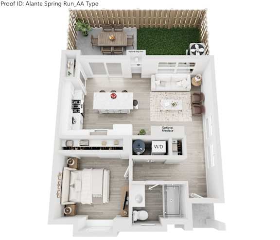 A top down view of a house layout with a kitchen, dining area, living room, and bathrooms.