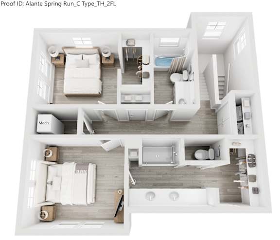 A white and wood floor plan of a two-bedroom apartment.