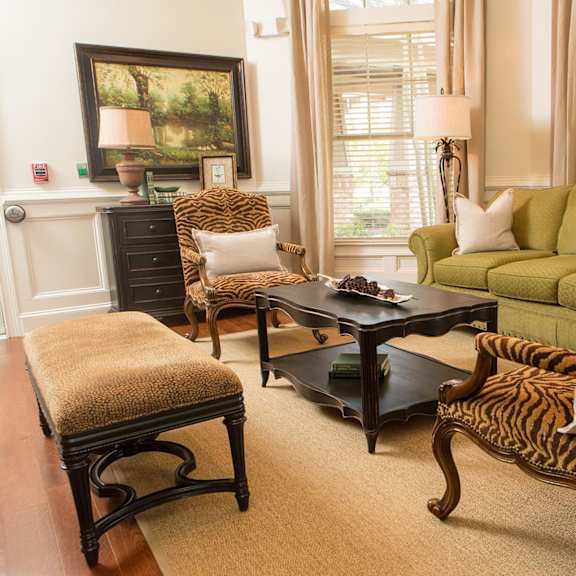 A living room with a zebra print chair and a green couch.