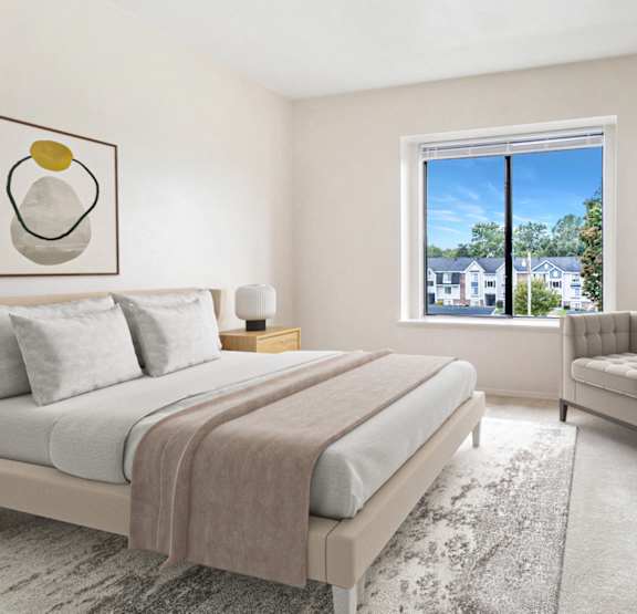 Bedroom with a large window and blinds at Liberty Mills Apartments, Fort Wayne, IN, 46804