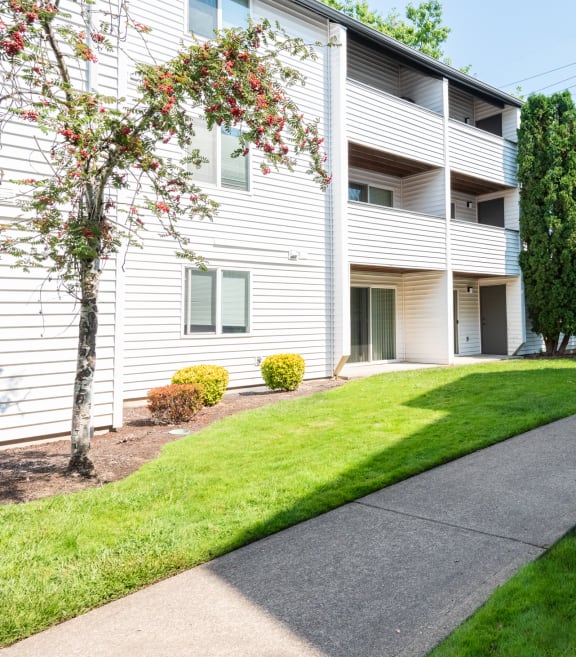 Elmonica Court building exterior patios and decks with walking path