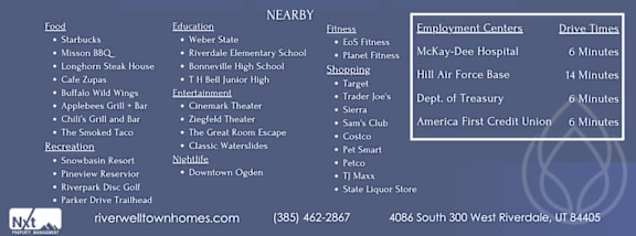 A list of nearby amenities and services is displayed on a blue background.
