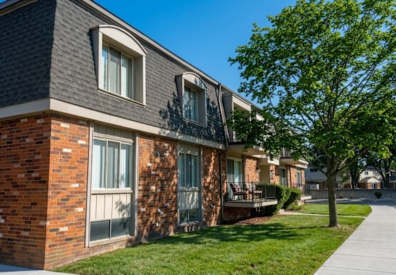 A row of houses with a tree in front of them.