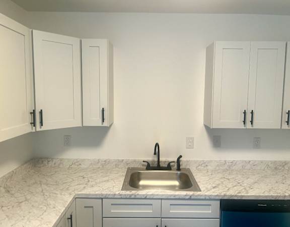 a kitchen with white cabinets and marble counter tops and a sink