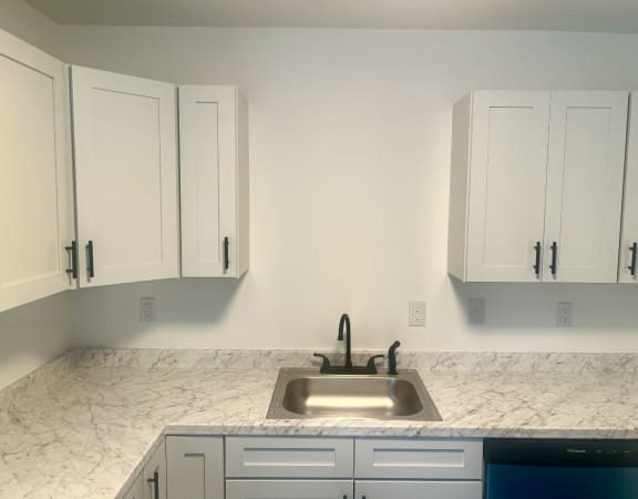 a kitchen with white cabinets and marble counter tops and a sink