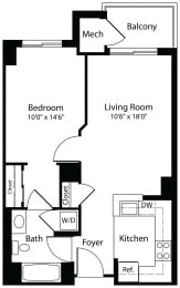 1x1b one bedroom one bathroom floor plan at Aura Pentagon City apartment in Arlington VA