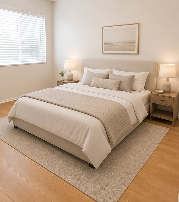 A bedroom with a large bed and two lamps on the nightstands.
