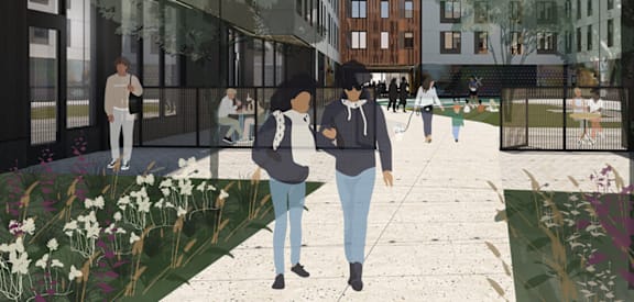 a rendering of two people walking on a sidewalk in front of a building
