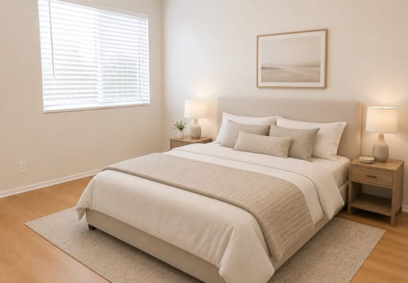 A bedroom with a large bed and two lamps on the nightstands.