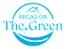 A logo with the text "Broad on The Green" in white on a blue background.