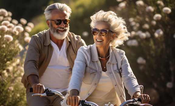 an older couple riding bikes together on a sunny day