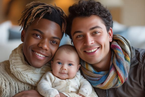 a family with a baby posing for a picture