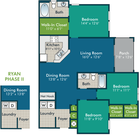 Floor Plan  Ryan_3BR2BA Floor Plan at Abberly Green Apartment Homes by HHHunt, Mooresville
