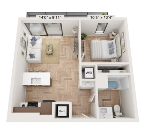 a 3d floor plan of a 1 bedroom apartment at the crossings at white marsh apartments in