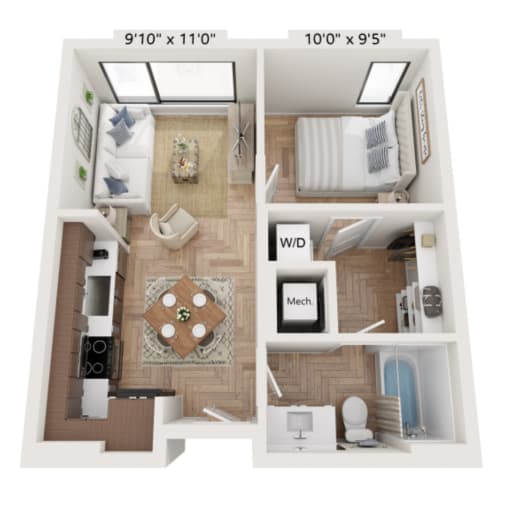 a 3d floor plan of a studio apartment with a living room and kitchen at The Box, Richmond, VA, 23224