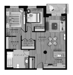 Floor Plan  2 bedroom 1 bathroom apartment floor plan at La Voile Boisbriand in Boisbriand, QC