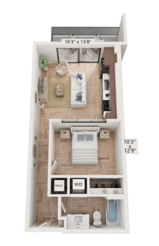 a 2 bedroom floor plan is available  at The Box, Richmond, VA, 23224