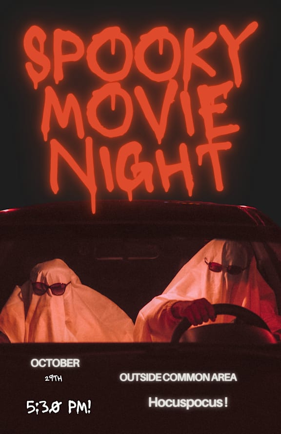 A Spooky Movie Night event is advertised for October 21st at 5:30 PM in an outside common area.