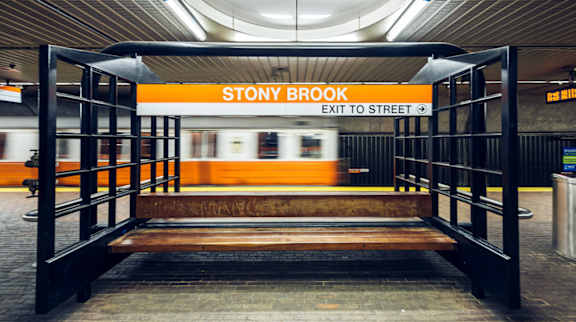 A subway station with a sign that says Stony Brook.