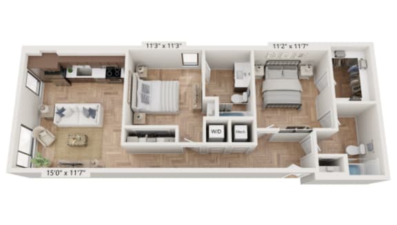 a floor plan of 1 bedroom with 1 bathroom, opens a dialog