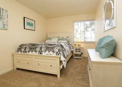 a bedroom with a bed and a dresser and a window