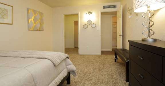 a bedroom with a bed and a dresser and a closet
