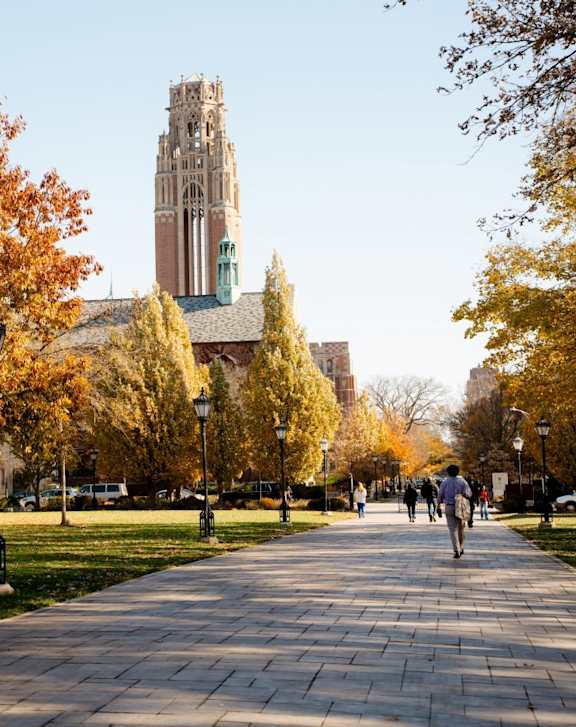 A park with a pathway, trees, and a clock tower in the background.