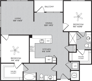 B2b Two Bedroom Floor Plan with Balcony at Apartments in Vinings