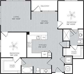 B2b Two Bedroom Floor Plan with Balcony at Apartments in Vinings