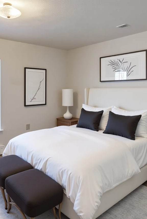 A white bed with a white comforter and two dark blue pillows.