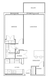 One bedroom, one bathroom apartment layout at Millside Apartments in Milton, ON