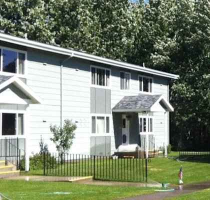 Two houses with grey and white exteriors are surrounded by green trees.