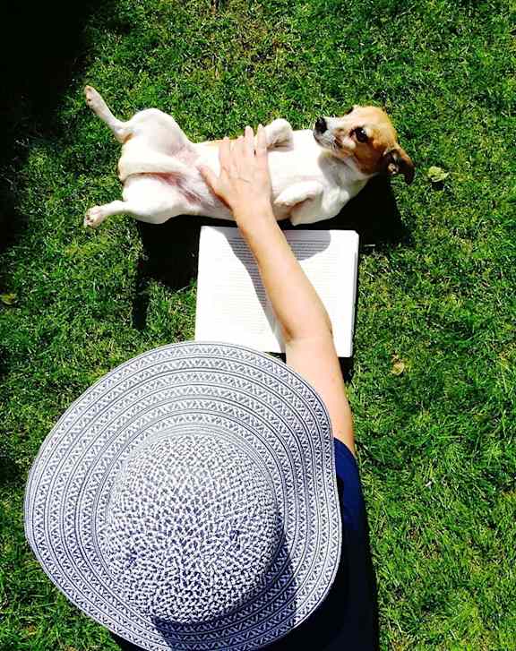 A person in a hat is holding a dog on a blanket.