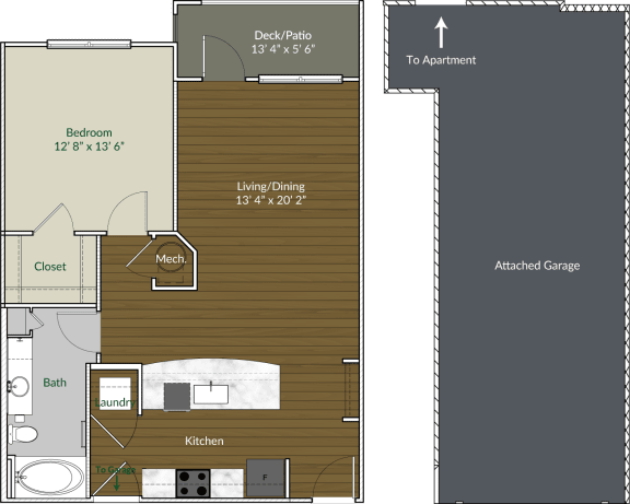 Our A2 floor plan with a garage at Apartments @ Eleven240, Charlotte, North Carolina