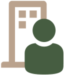 A brown door with a window and a green figure in front of it.