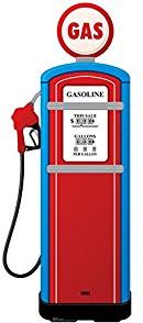 a red gas pump with a red sign above it