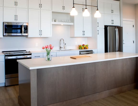 A kitchen with a white counter at The Pearl, Fort Wayne, 46802