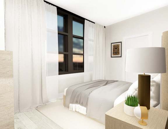 a bedroom with a bed and a window at The Pearl, Fort Wayne, IN 46802