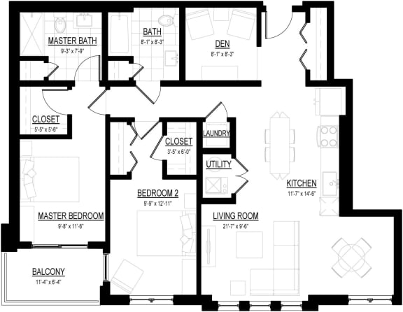 Floor Plan  2 Bed 2 Bath U Floor Plan at Courthouse Square Apartments, Wheaton