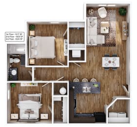 3D floor plan of 2BR Apartment