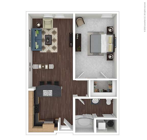 A2 with furniture Floor Plan at 45 Madison Apartments, Kansas City, MO