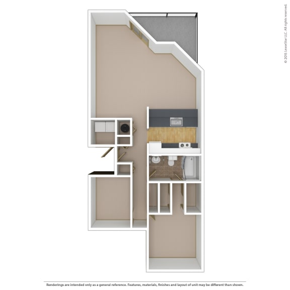 One Bedroom, One Bathroom unfurnished floor plan image of the R-P3 unit.