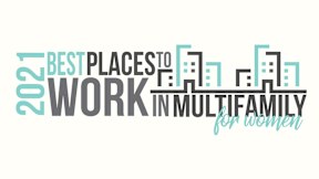 A graphic with the text "2021 Best Places to Work in Multifamily for Women" with a city skyline in the background.