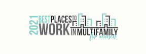 A graphic with the text "2021 Best Places to Work in Multifamily for Women" with a city skyline in the background.