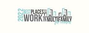 A graphic with the text "2022 Best Places to Work in Multifamily for Women" with a city skyline in the background.