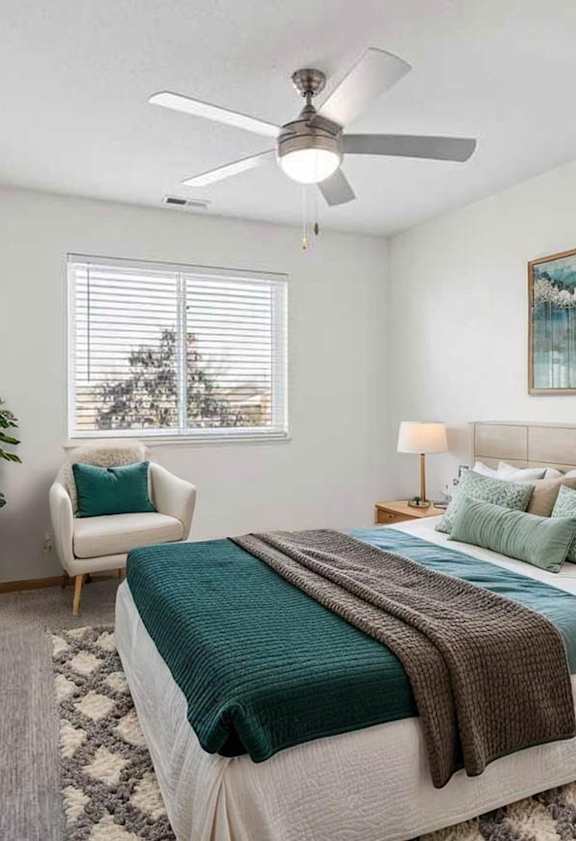 Bedroom with ceiling fan and natural light at Northridge Heights in north Lincoln