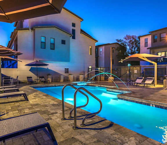 Pool View In Night at Dolce Villagio Townhomes, Tempe, AZ, 85281